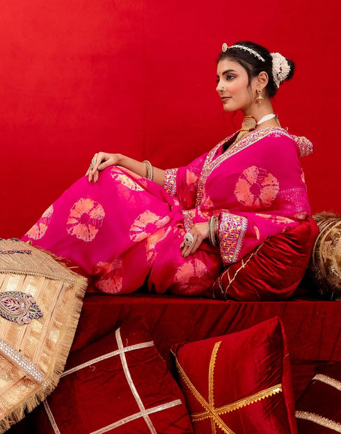 Vasthrlay Bandhani Embroidery Unstitched Orange Saree