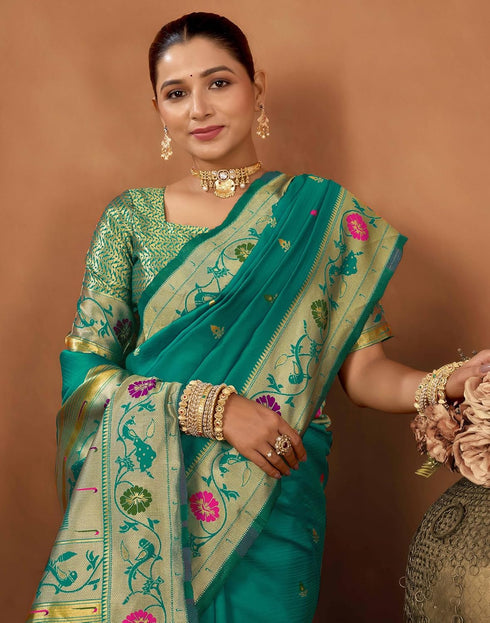Vasthrlay Womens Paithani Unstitched Dark Green Saree