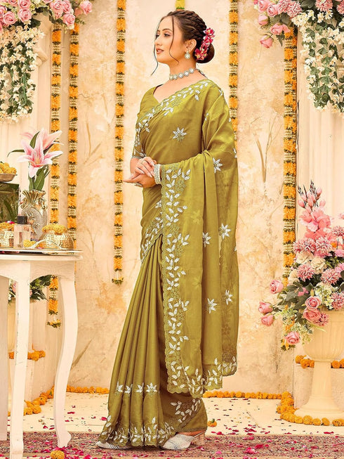 Vasthrlay Georgette Embroidery Olive Saree