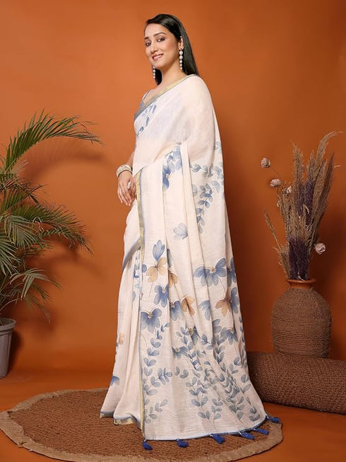 Vasthrlay Cream Womens Kathakali Print Linen Saree With Gold Zari Border And Unstitched Blouse Piece
