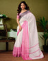 Vasthrlay Womens Cotton Printed White | Pink Saree With Unstitched Blouse Piece