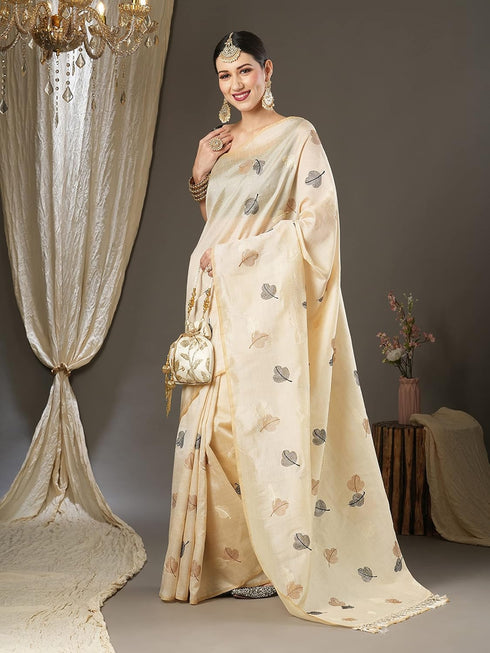 Vasthrlay Embroidered Banarasi Unstitched Cream Ethnic Wear