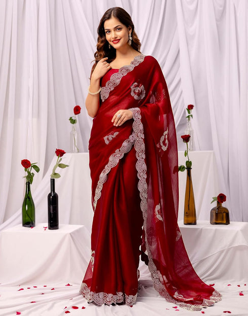 Vasthrlay Chiffon Scalloped Unstitched Maroon Saree