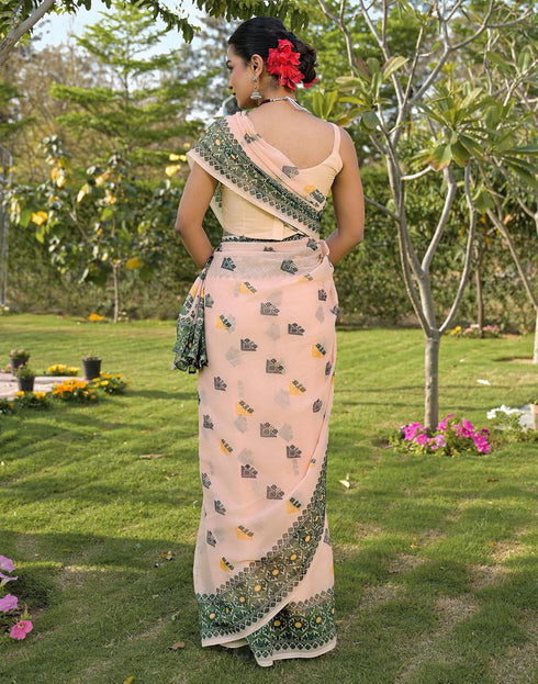 Vasthrlay Womens Printed Unstitched Peach Saree