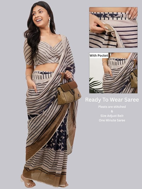 Vasthrlay Beige Multi Print Design Linen Ready To Wear Saree For Women