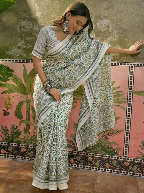Vasthrlay Womens Printed Unstitched Beige Saree