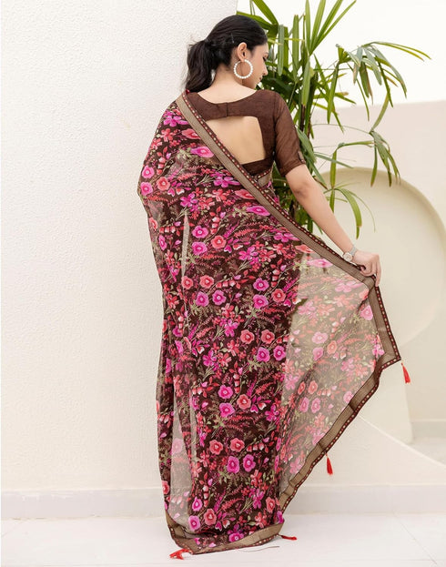 Vasthrlay Chiffon Tassels Unstitched Dark Green Saree