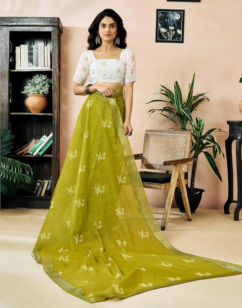 Vasthrlay Womens Printed Unstitched Olive Green Saree