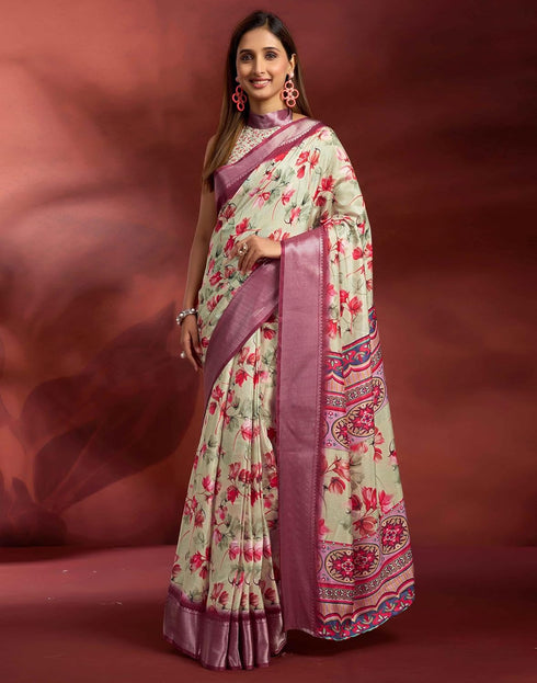 Vasthrlay Printed Jacquard Unstitched Rama Green Saree
