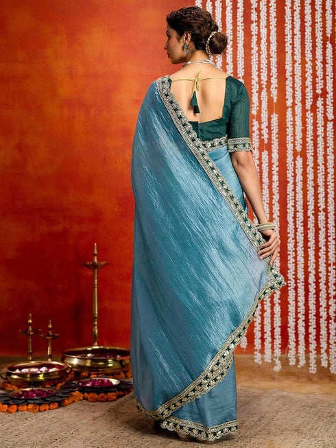 Vasthrlay Sequins Embroidery Olive Saree