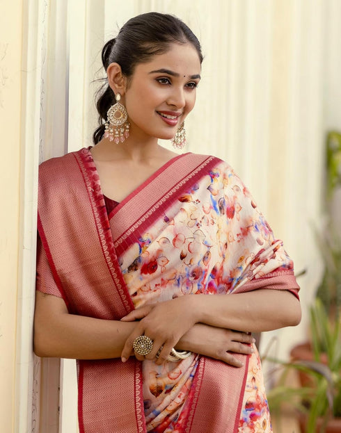 Vasthrlay Womens Printed Unstitched Beige Saree