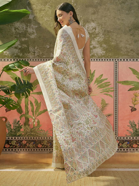 Vasthrlay Womens Printed Unstitched Beige Saree