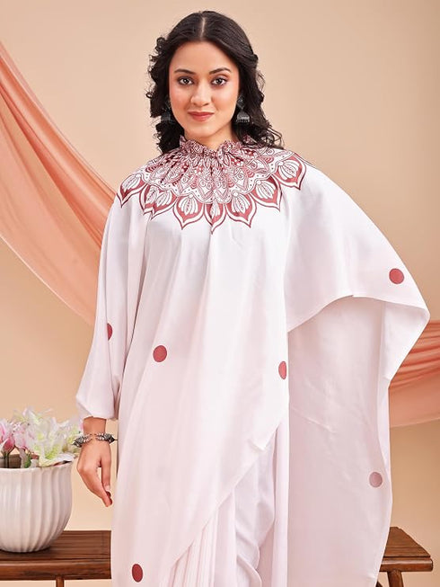 Vasthrlay Printed Kaftan Freehand Maroon-White Bollywood Satin Saree with Unsticted Blouse Piece