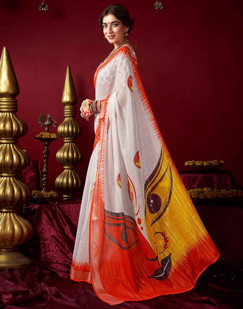 Vasthrlay Womens Printed Unstitched White Saree