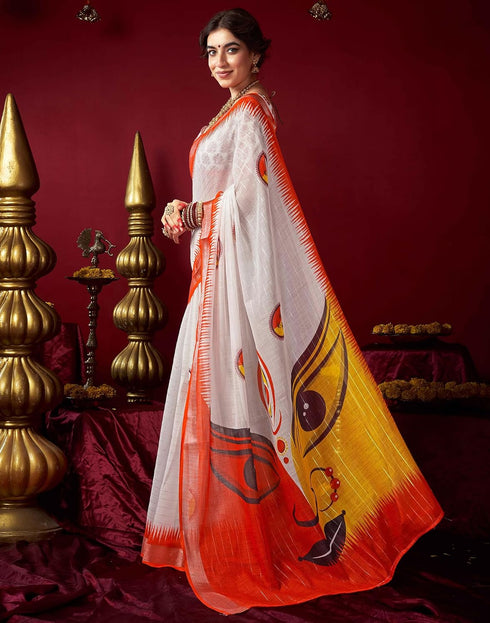 Vasthrlay Womens Printed White And Orange Saree With Unstitched Blouse Piece