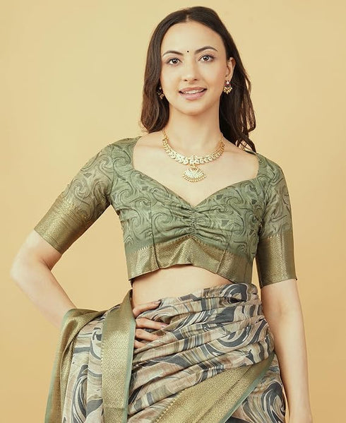 Vasthrlay Mehendi Green Geometric Print Polyester Saree With Dull Gold Zari Border And Unstitched Blouse Piece