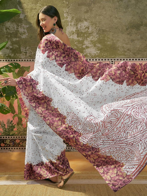 Vasthrlay Womens Printed Unstitched Beige Saree