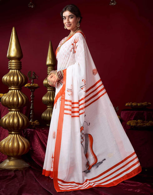 Vasthrlay Womens Printed Unstitched White Saree
