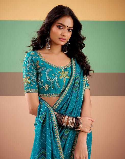 Vasthrlay Georgette Embroidery Unstitched Dark Green Saree