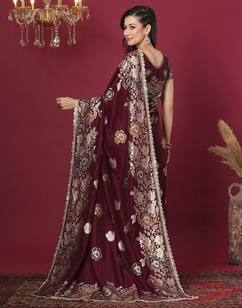 Vasthrlay Kanjivaram Banarasi Unstitched Red Saree