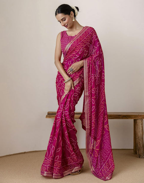 Vasthrlay Georgette Bandhani Pink Saree With Unstitched Blouse Piece