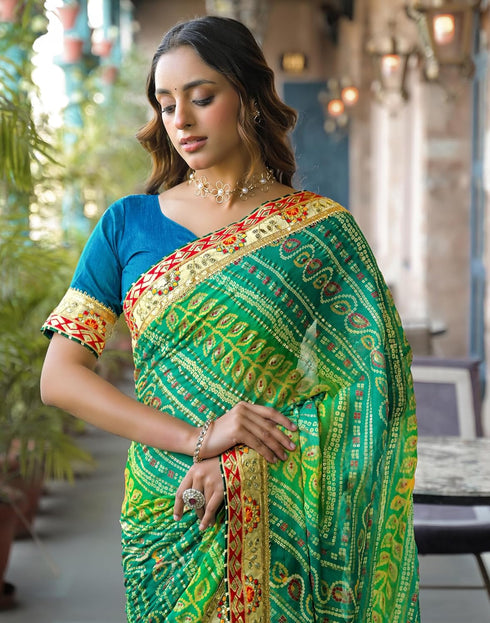 Vasthrlay Bandhani Embroidery Unstitched Pink Saree