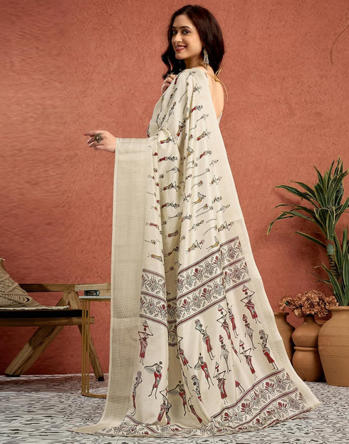 Vasthrlay Womens Printed Unstitched White Saree