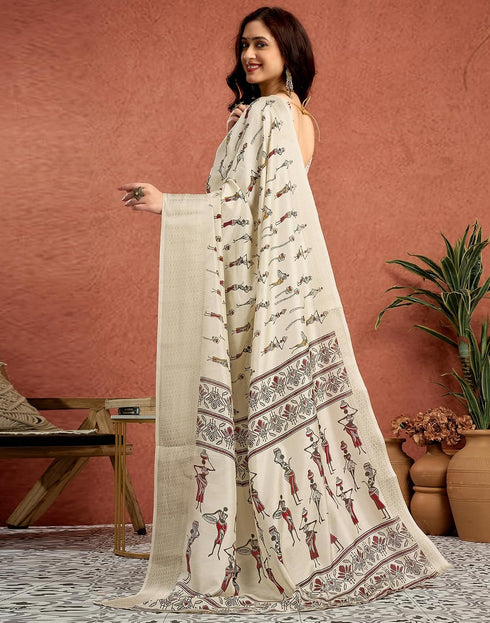 Vasthrlay Womens Printed Off White Saree With Unstitched Blouse Piece