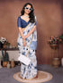 Vasthrlay White1 Floral Printed Design Linen Saree With Solid Unstitched Linen Blouse Piece
