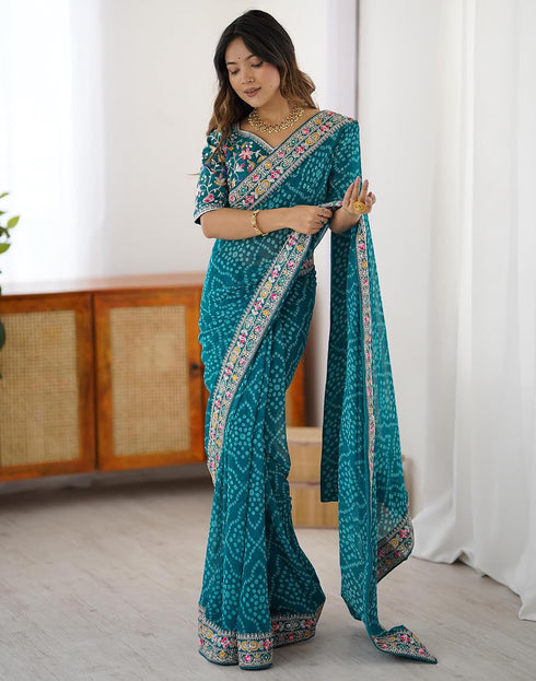 Vasthrlay Georgette Embroidery Black Saree With Unstitched Blouse Piece