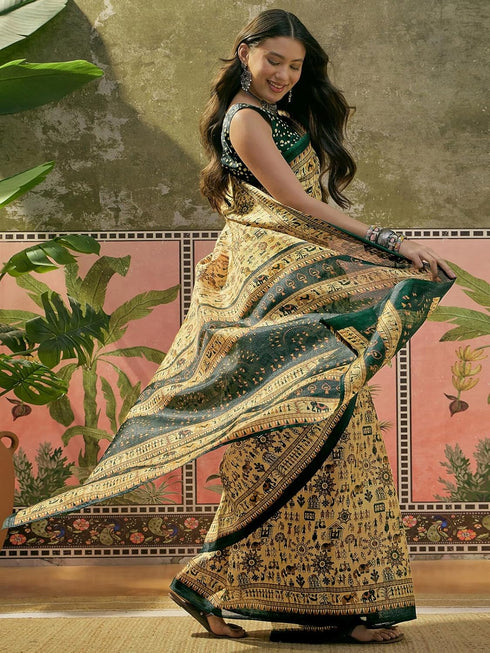 Vasthrlay Womens Printed Unstitched Beige Saree
