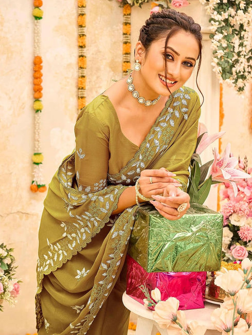 Vasthrlay Georgette Embroidery Olive Saree