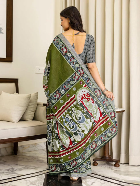 Vasthrlay Kalamkari Printed Olive Saree