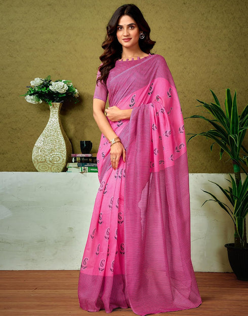 Vasthrlay Chanderi Printed Light Pink Saree With Unstitched Blouse Piece