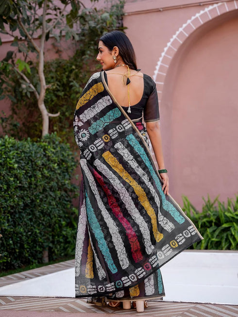 Vasthrlay Womens Printed Multicolour Saree With Black Unstitched Blouse Piece