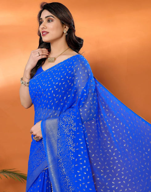 Vasthrlay Georgette Weaving Blue Saree With Unstitched Blouse Piece