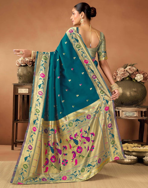 Vasthrlay Womens Paithani Unstitched Dark Green Saree