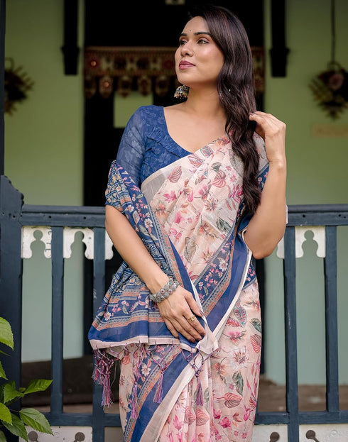 Vasthrlay Womens Printed Light Beige Saree With Unstitched Blouse Piece