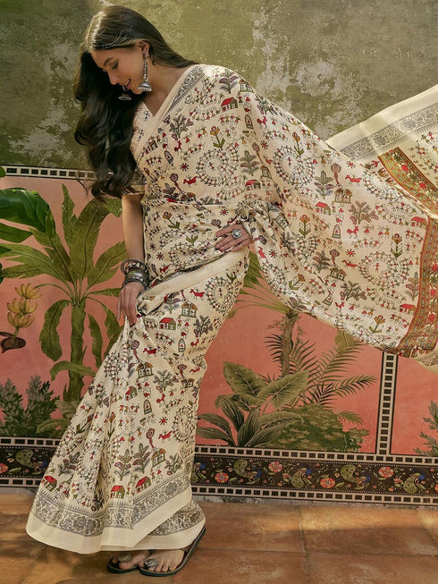 Vasthrlay Womens Printed Unstitched Beige Saree