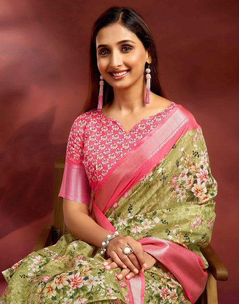 Vasthrlay Printed Jacquard Unstitched Rama Green Saree