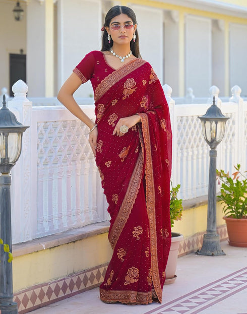 Vasthrlay Georgette Embroidery Unstitched Maroon Saree