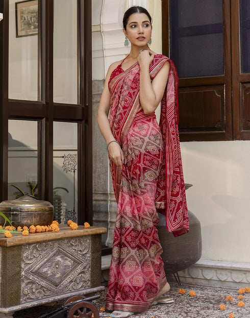 Vasthrlay Georgette Bandhani Unstitched Maroon Saree