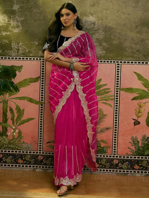Vasthrlay Embroidery Scalloped Unstitched Navy Blue Saree