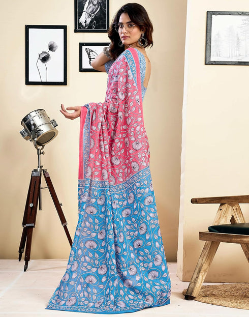 Vasthrlay Womens Printed Pink Saree With Blue Unstitched Blouse Piece