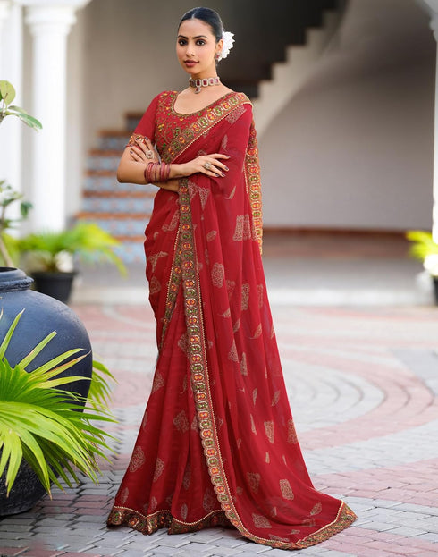 Vasthrlay Georgette Scalloped Unstitched Red Saree