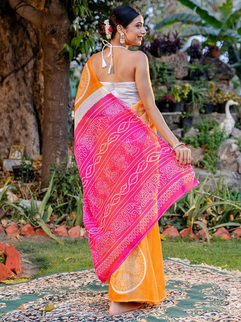 Vasthrlay Bandhani Printed Unstitched Peach Saree
