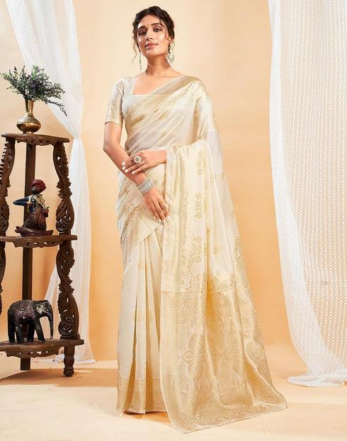 Vasthrlay Banarasi Jacquard Off White Saree With Unstitched Blouse Piece