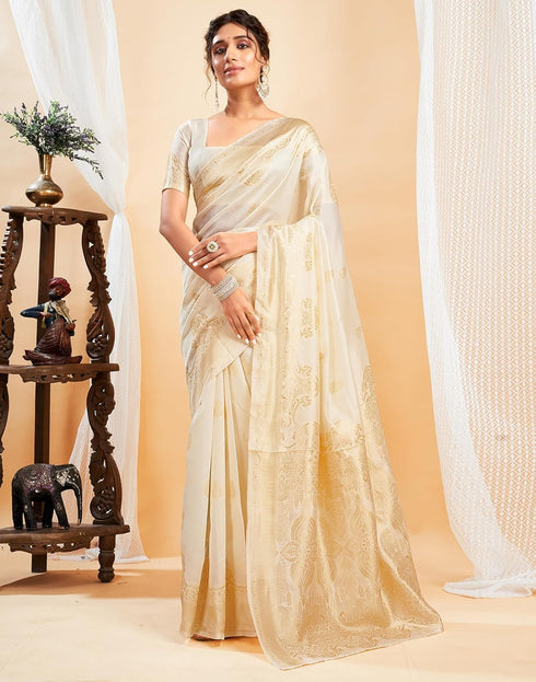 Vasthrlay Banarasi Jacquard Unstitched Off White Saree