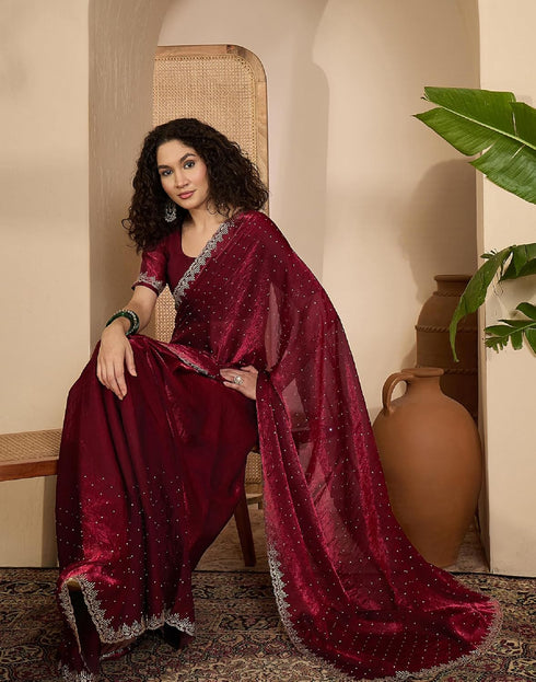 Vasthrlay Womens Scalloped Unstitched Maroon Saree