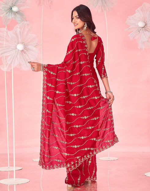 Vasthrlay Embroidery Scalloped Unstitched Red Saree